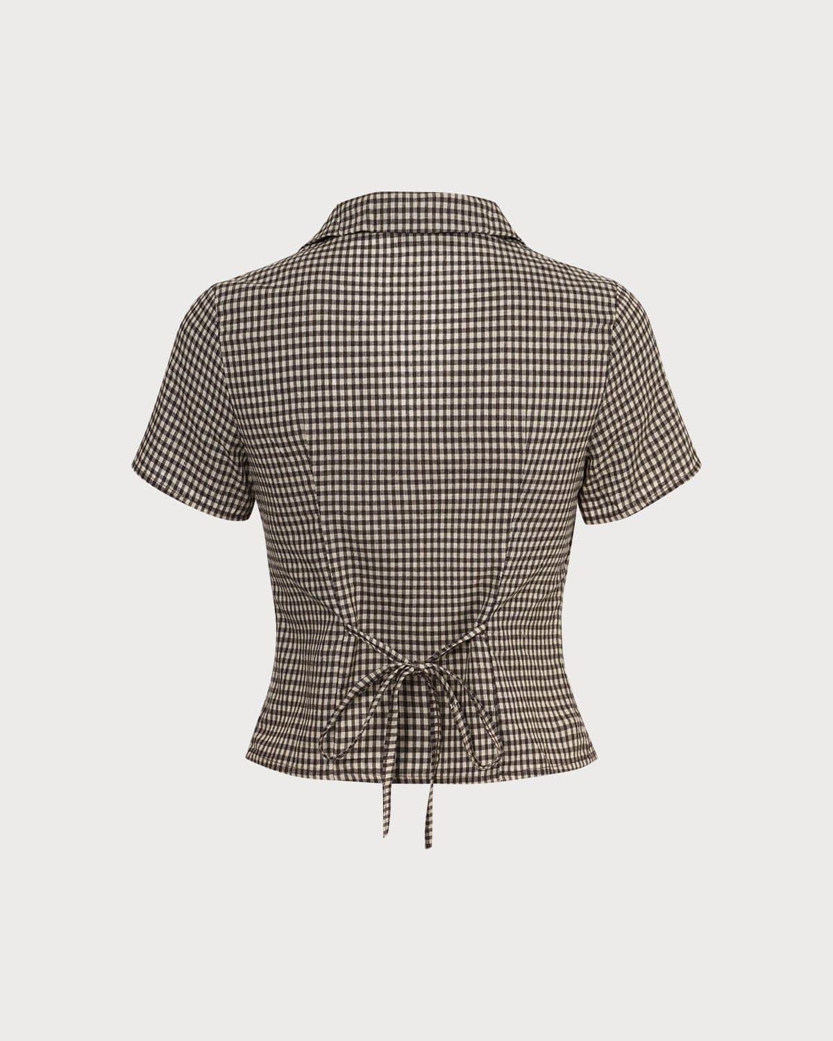 The Brown Lapel Plaid Short Sleeve Blouse Product Image
