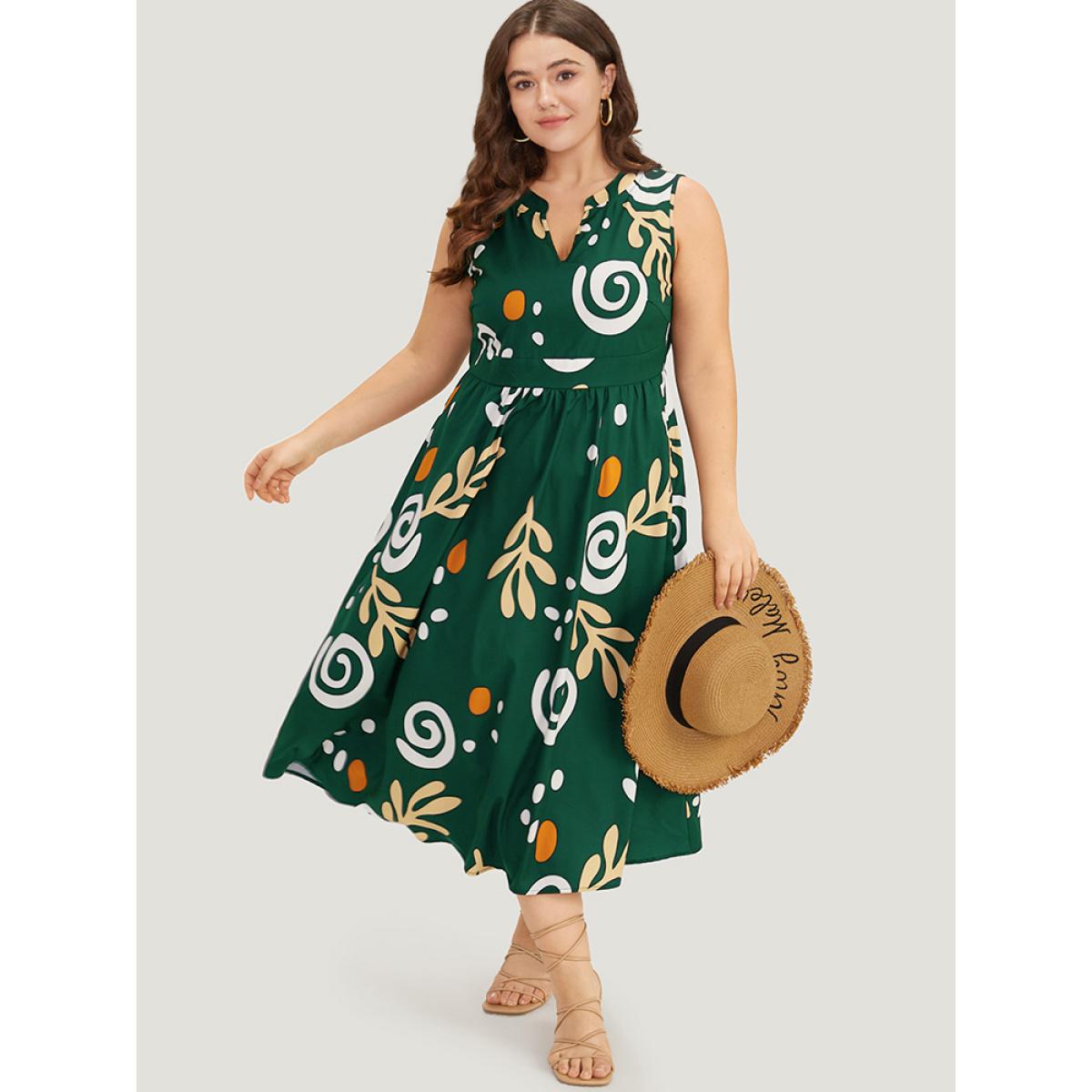 Plus Size Graphic Print Notched Pocket Tank Dress Black Women Vacation Printed Notched collar Sleeveless Curvy Midi Dress BloomChic 30/6X Product Image