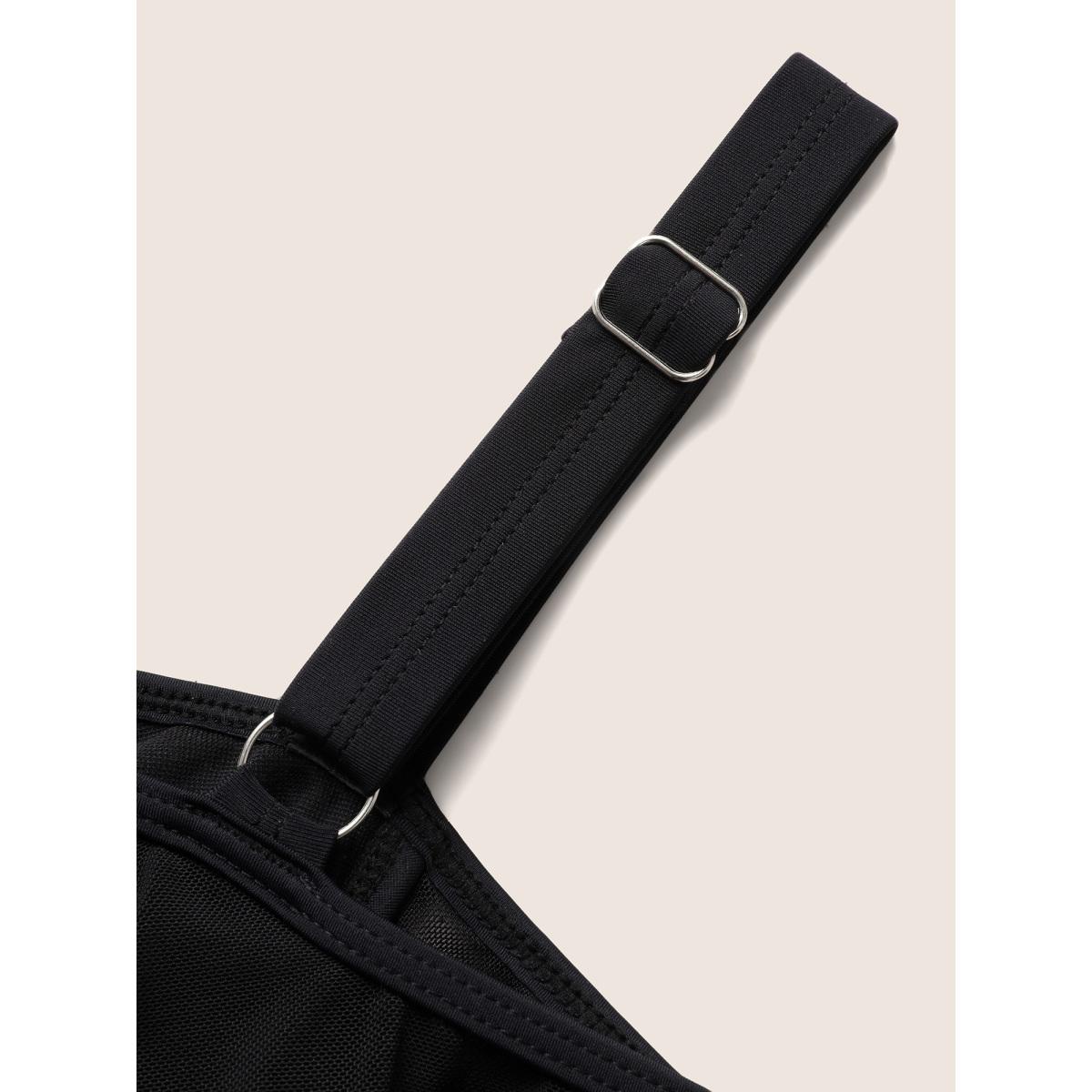 Plus Size Solid Ruffle Trim Patchwork Mesh Swim Dress Women's Swimwear Black Beach Bodycon Heart neckline High stretch Curve Swim Dresses BloomChic 26/4X Product Image