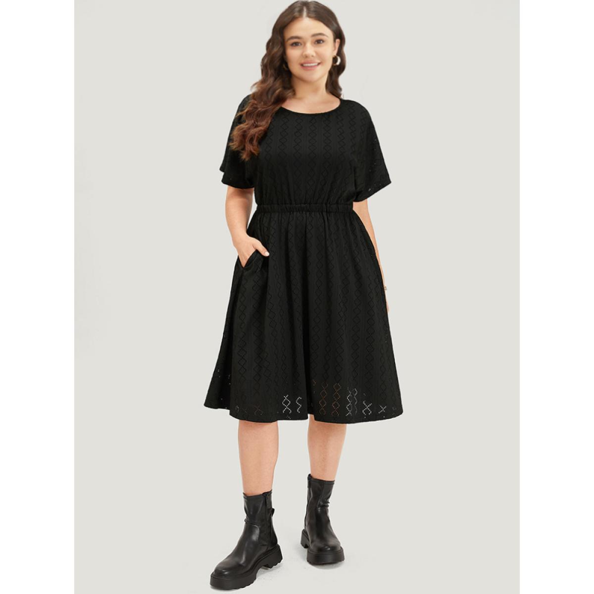 Plus Size Plain Geo Eyelet Batwing Sleeve Elastic Waist Dress Black Women Casual Texture Round Neck Short sleeve Curvy Midi Dress BloomChic 28/5X Product Image