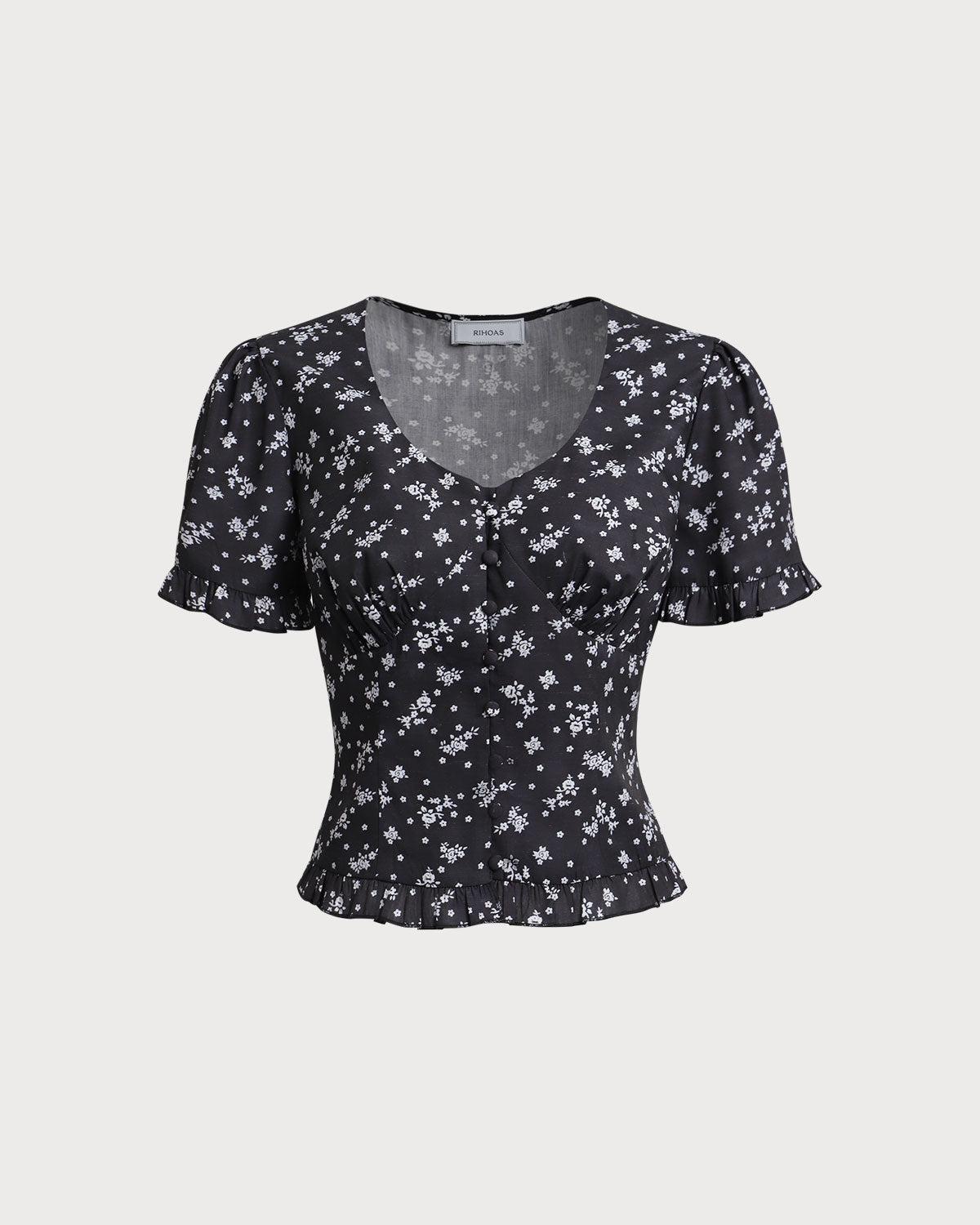 Black Floral Scoop Neck Blouse Product Image