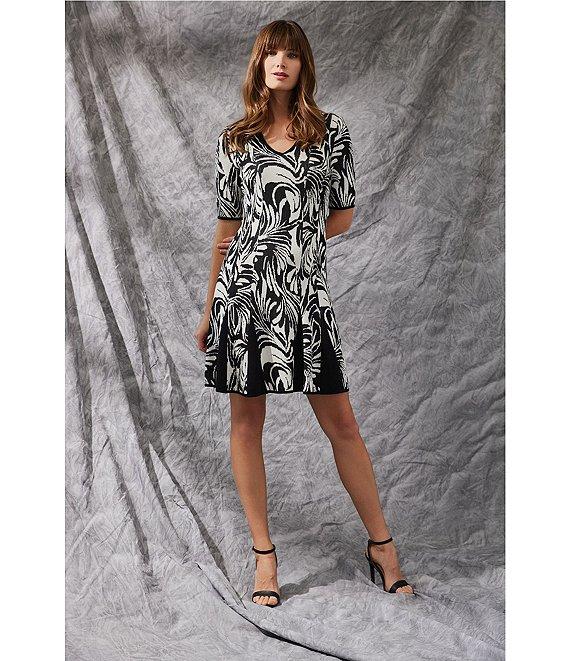 Ming Wang Jacquard Knit Abstract Zebra Print V-Neck Short Sleeve Fit-And-Flare Dress Product Image