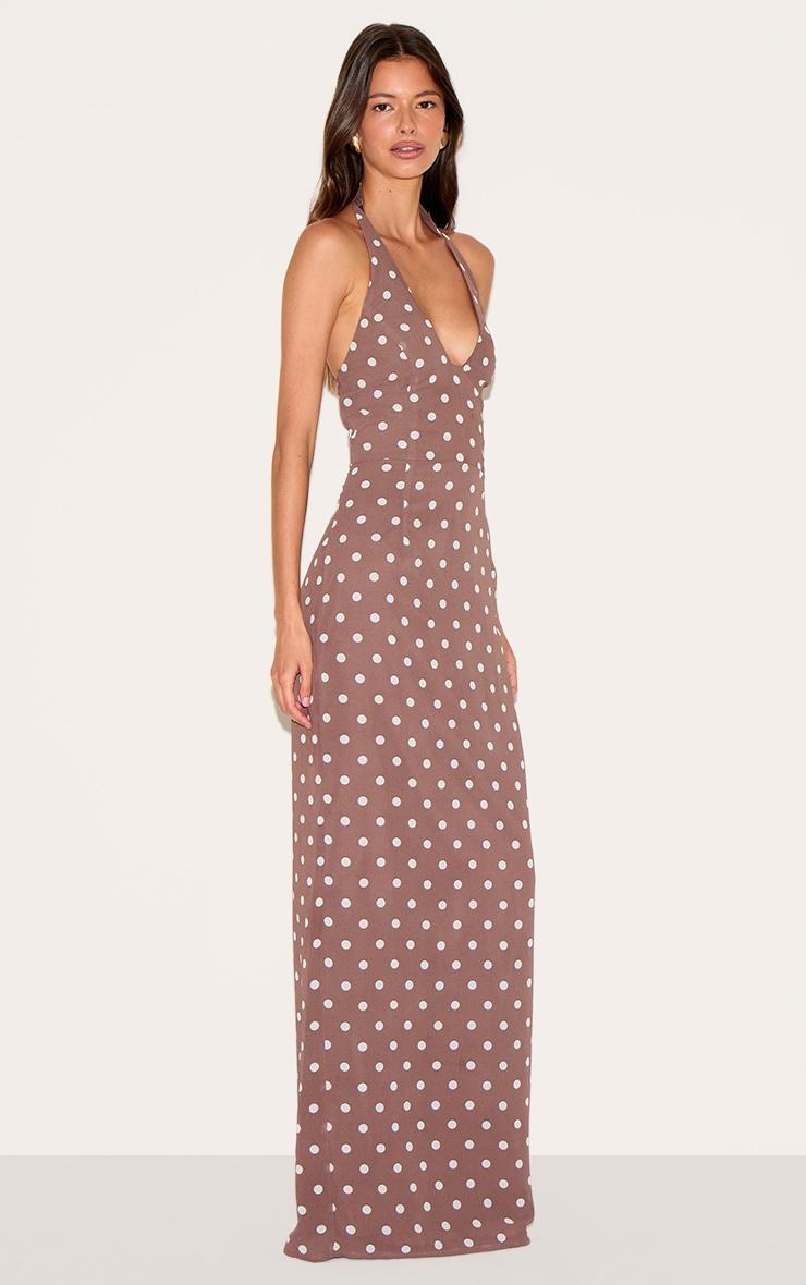 Chocolate Chiffon Polka Dot Printed Plunge Neck Maxi Dress Product Image