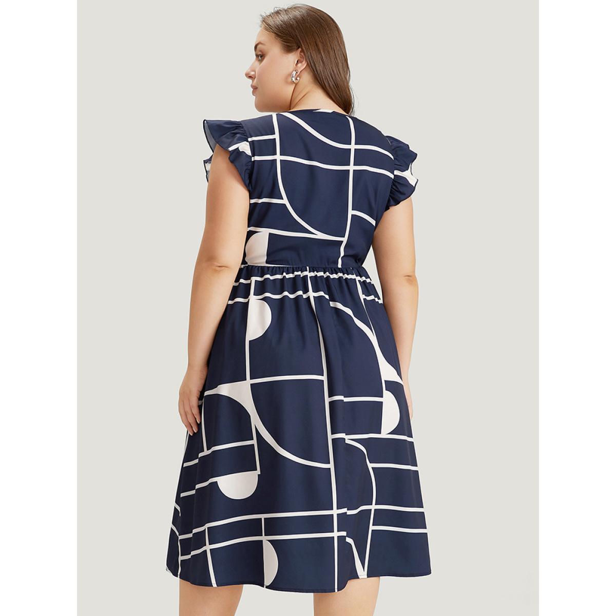 Plus Size Geometric Pocket Flutter Sleeve Shirred Dress Navy Women Office Pocket Round Neck Cap Sleeve Curvy Midi Dress BloomChic 28/5X Product Image