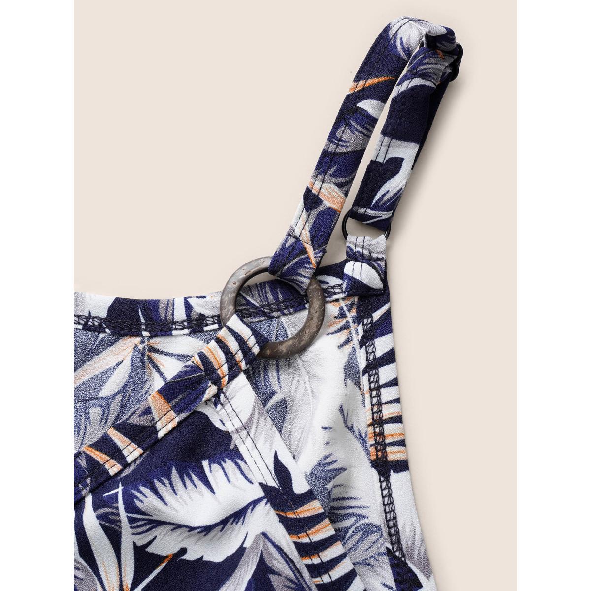 Plus Size Tropical Print Wrap Cut Out Cami Top Women Indigo Resort Overlapping Notched collar Vacation Tank Tops Camis BloomChic 12/L Product Image