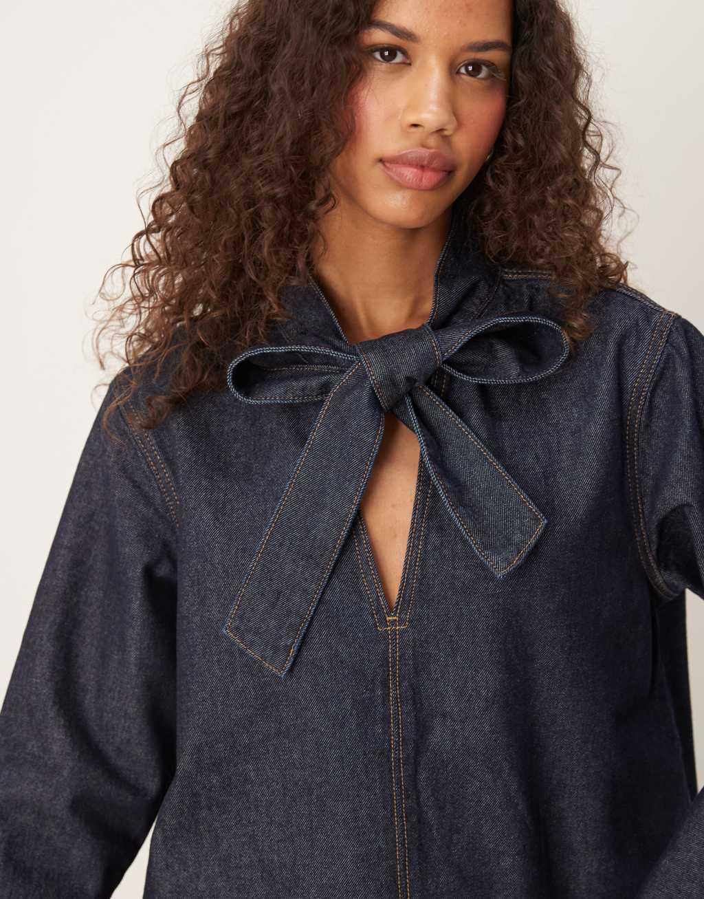ASOS DESIGN v neck denim top with bow tie neck Product Image