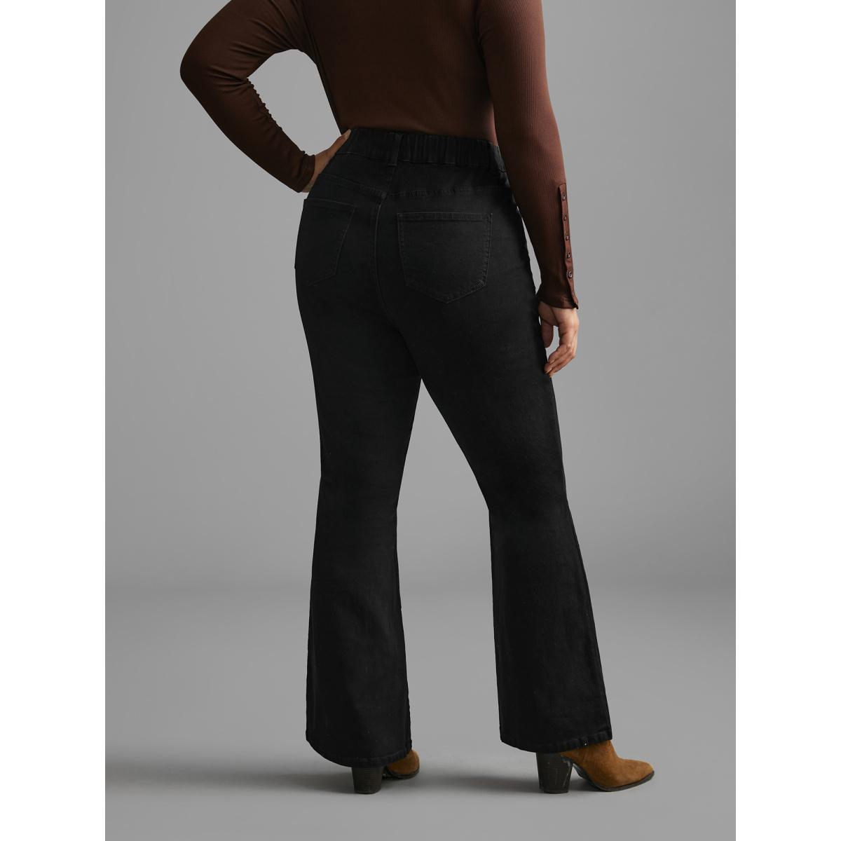 Plus Size Black Wash Buckle Detail Bootcut Jeans Women Denimblack Elegant Button Medium stretch Slanted pocket Jeans BloomChic 24/3X Product Image