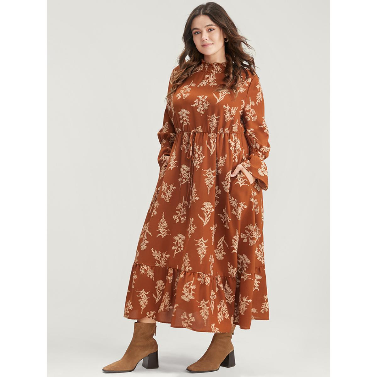 Plus Size Floral Pocket Lantern Sleeve Shirred Mock Neck Dress Chocolate Women Elegant Pocket Mock Neck Long Sleeve Curvy Midi Dress BloomChic 10/M Product Image