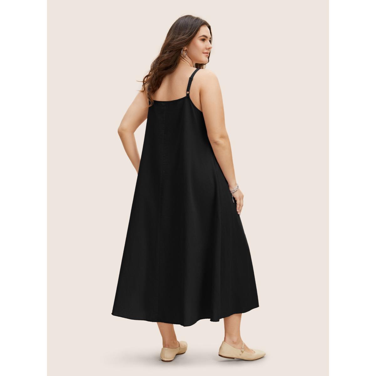 Plus Size Cotton Plain Pleated Loose Fit Cami Dress Black Women Leisure Ruffles Non Sleeveless Curvy BloomChic 22-24/3X Product Image
