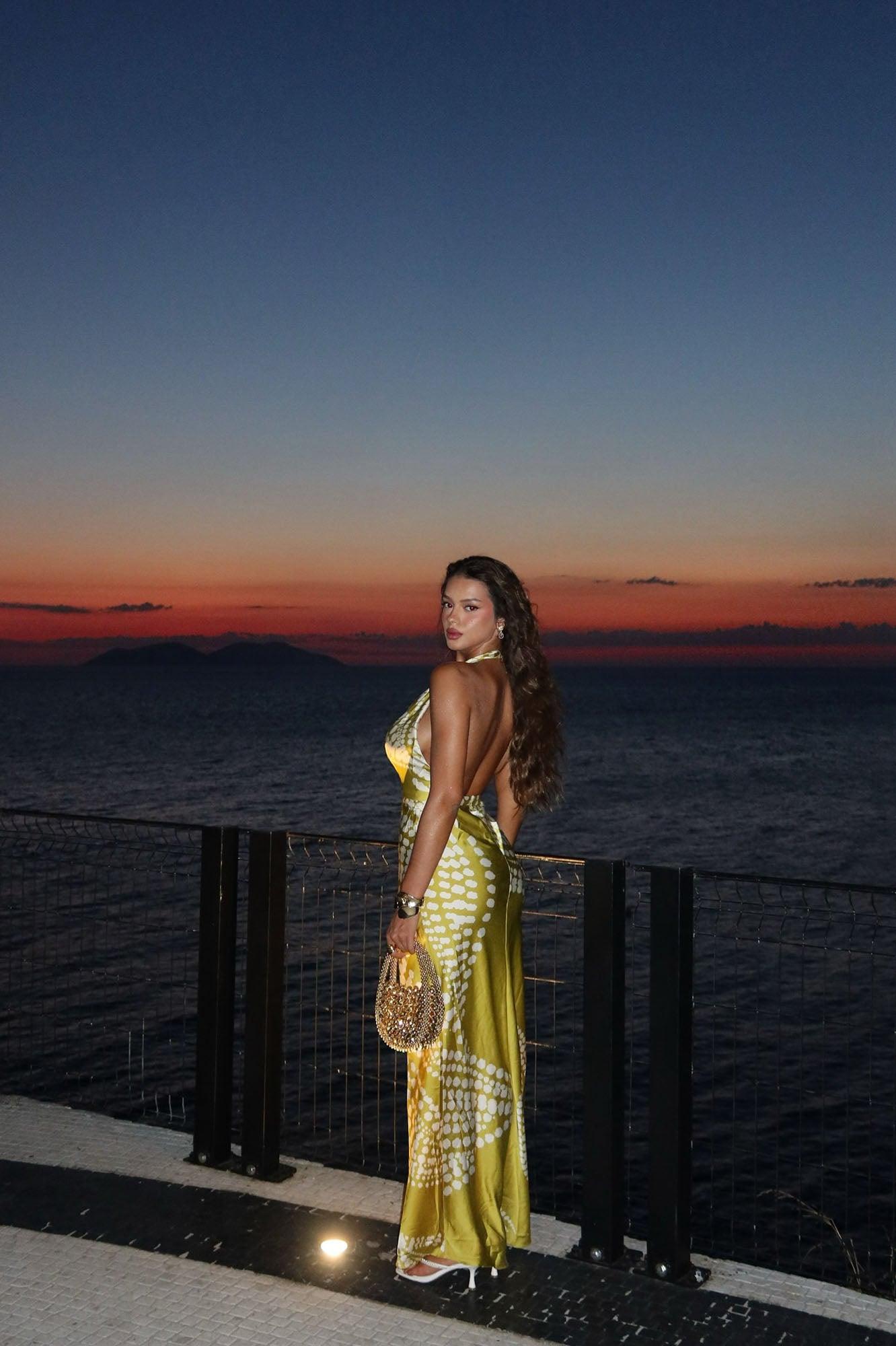 Sicily Summer Satin Maxi Dress - Chartreuse Female Product Image