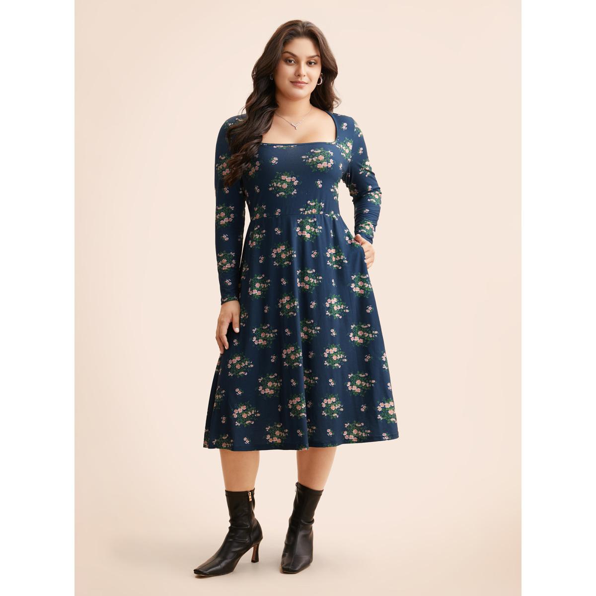 Plus Size Square Neck Floral Cut Out Dress Navy Women Elegant Cut-Out Square Neck Long Sleeve Curvy BloomChic 10/M Product Image