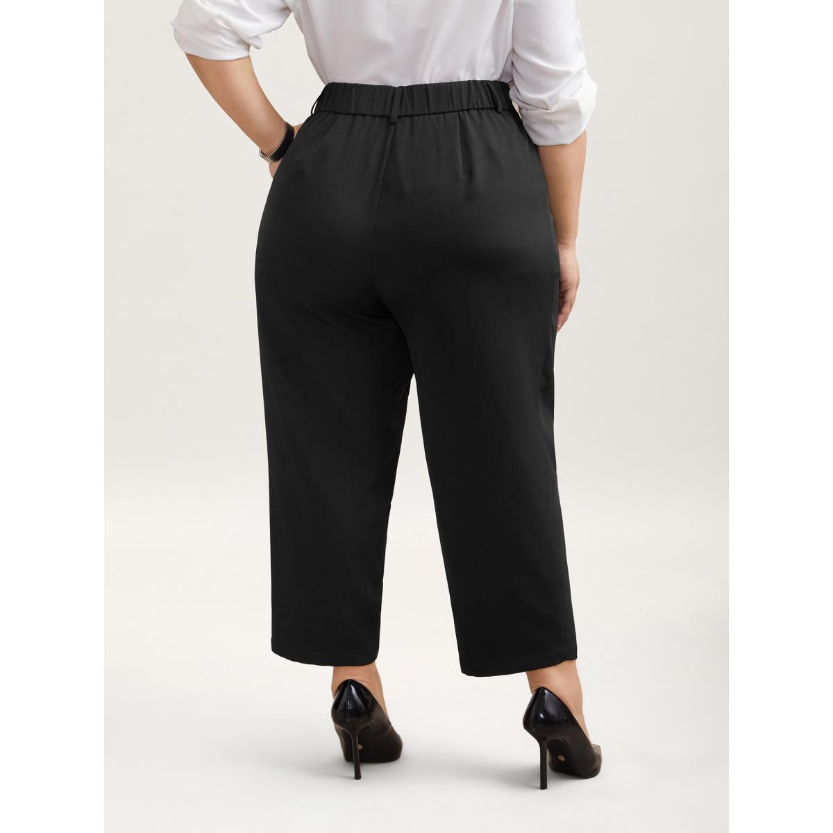 Plus Size Pleated Loop Straight-Leg Pants Women Black At the Office Straight Leg Mid Rise Office Pants BloomChic 26/4X Product Image