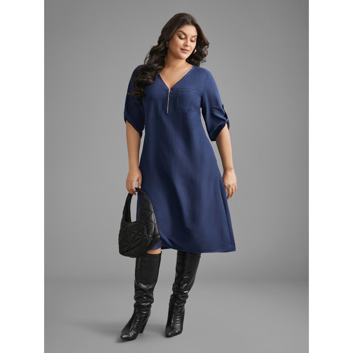 Plus Size Solid Half Zip Tab Sleeve Dress Navy Women At the Office Non V-neck Elbow-length sleeve Curvy BloomChic 12/L Product Image