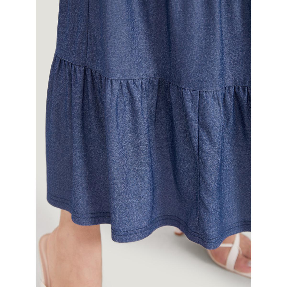 Plus Size Plain Ties Gathered Ruffle Layered Hem Skirt Women Indigo Elegant Plain No stretch Pocket Dailywear Skirts BloomChic 22-24/3X Product Image