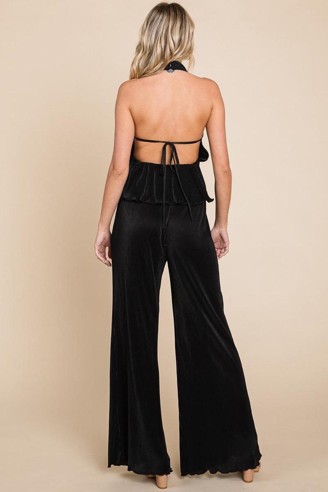 Pleated Backless Halter Tank & Wide Leg Pants Sets Product Image
