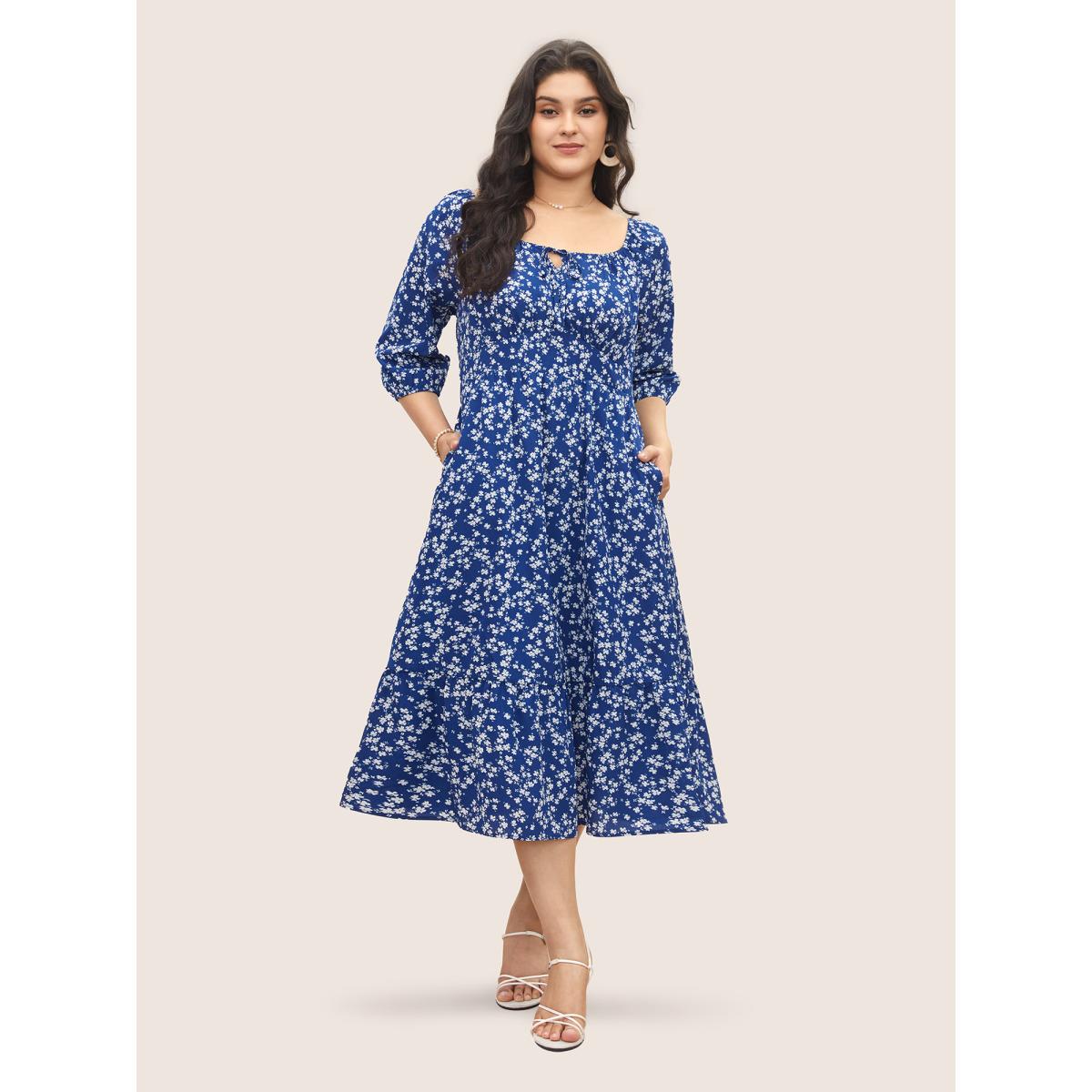 Plus Size Ditsy Floral Pocket Tie Neck Shirred Dress Navy Women Elegant Non Notched collar Elbow-length sleeve Curvy Midi Dress BloomChic 26/4X Product Image