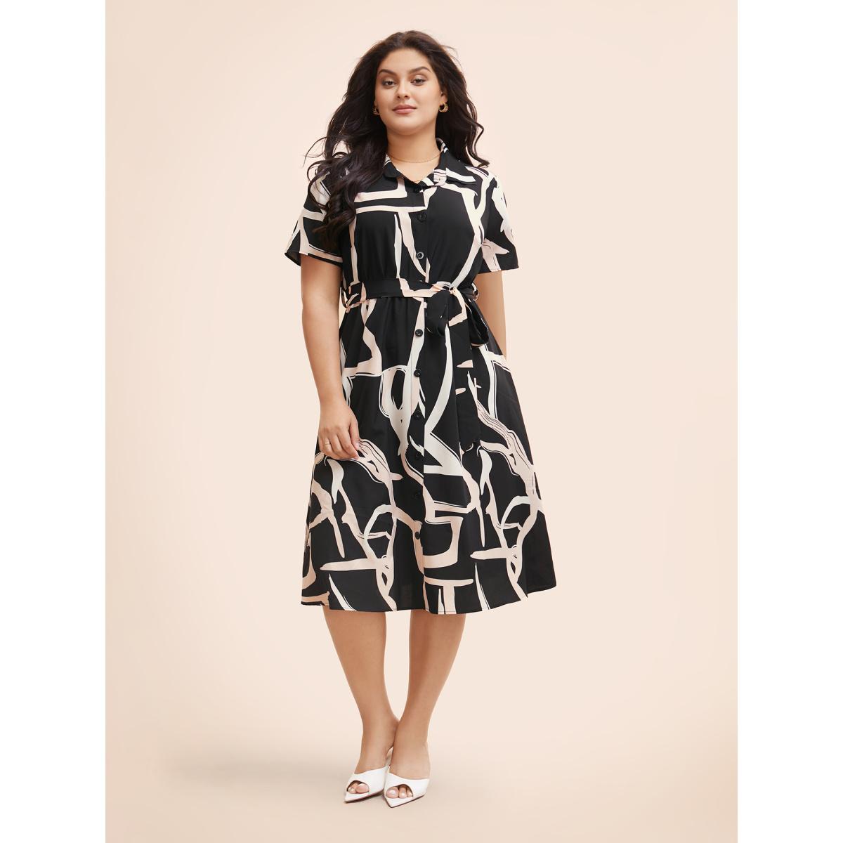 Plus Size Geometric Shirt Collar Belted Midi Dress Black Women At the Office Belted Shirt collar Short sleeve Curvy BloomChic 14-16/1X Product Image