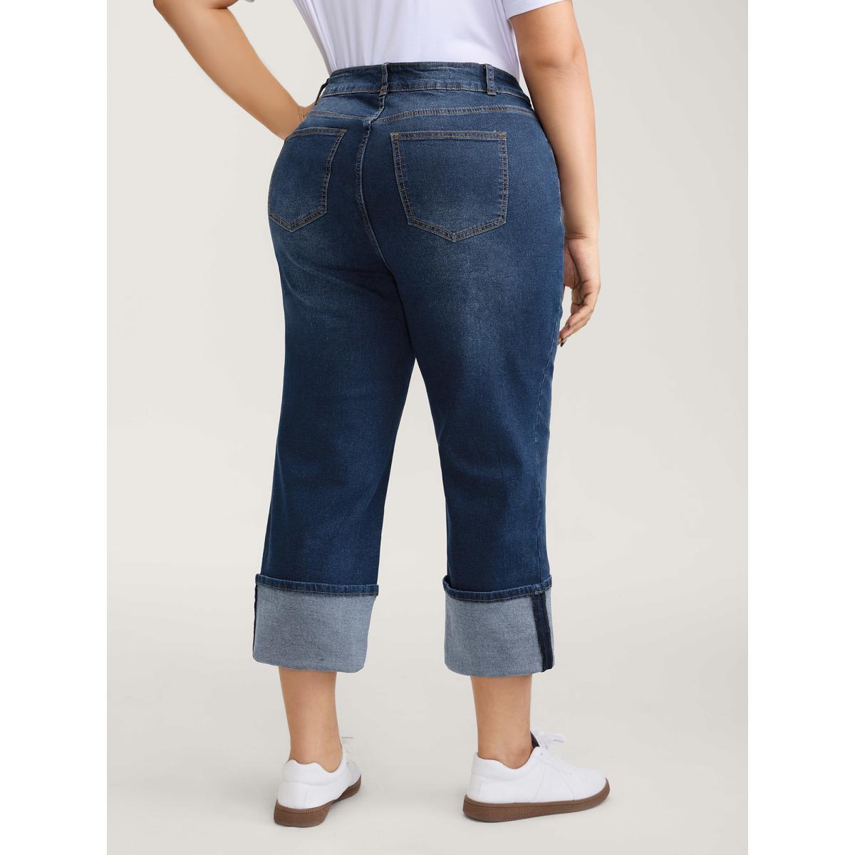 Plus Size Stretch Rolled Hem Straight-Leg Jeans Women Denimblue Leisure High stretch Slanted pocket Jeans BloomChic 30/6X Product Image