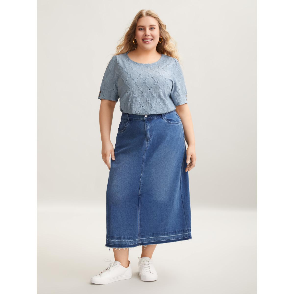 Plus Size Textured Puffy Sleeve Buttons T-Shirt Stone Women Casual Texture Round Neck Everyday T-shirts BloomChic 30/6X Product Image