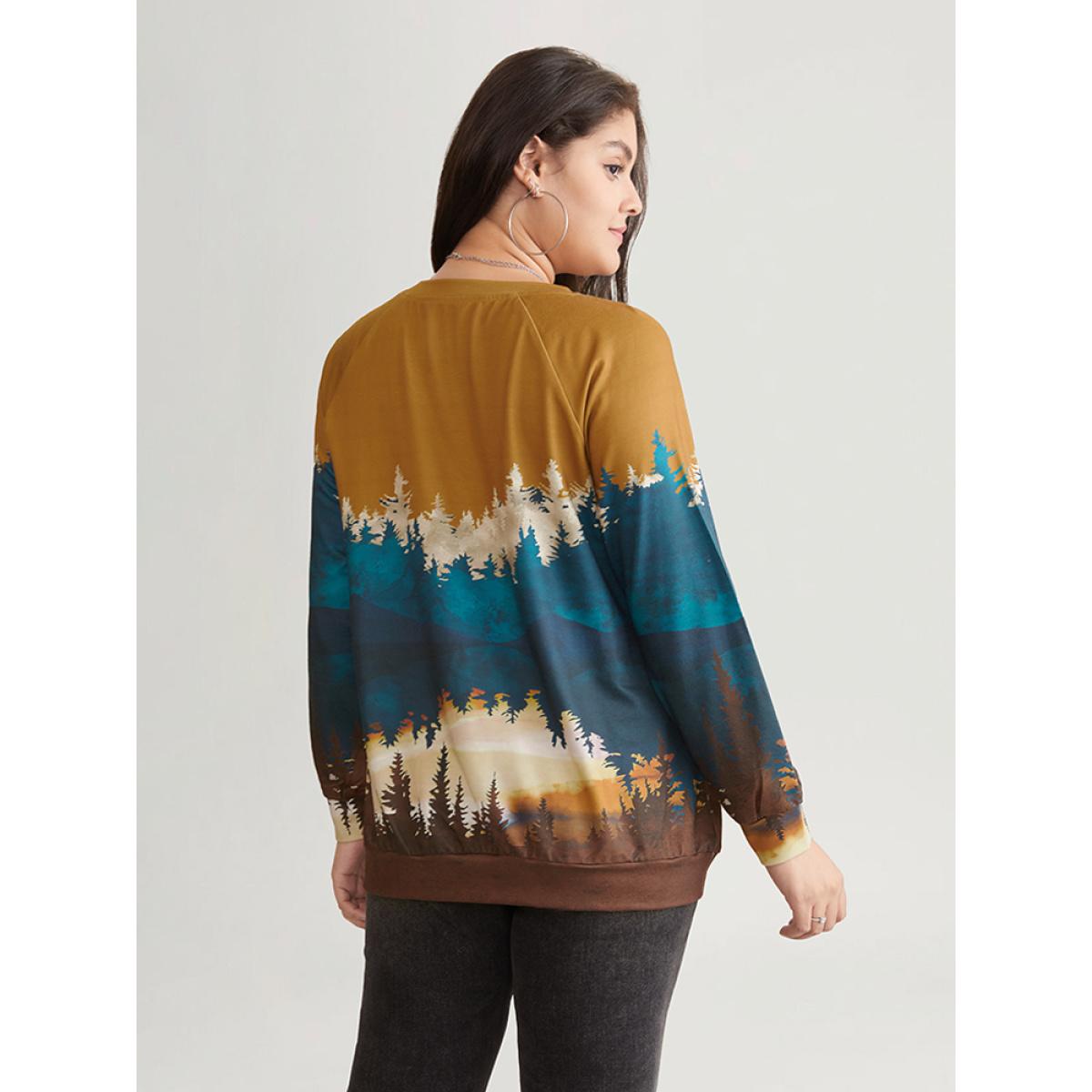 Plus Size Forest Ombre Crew Neck Raglan Sleeve Sweatshirt Women Bronze Casual Printed Round Neck Dailywear Sweatshirts BloomChic 18-20/2X Product Image