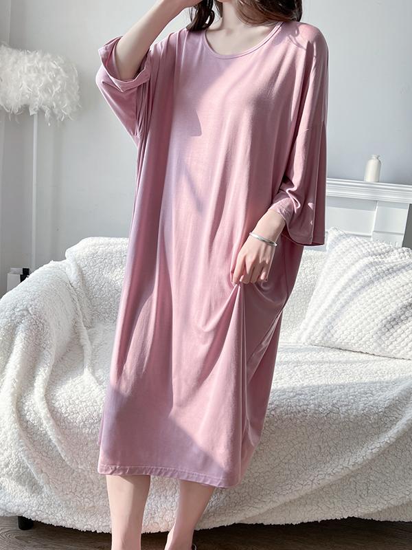 High Waisted Loose Solid Color Split-Joint Round-Neck Pajama Dress Product Image