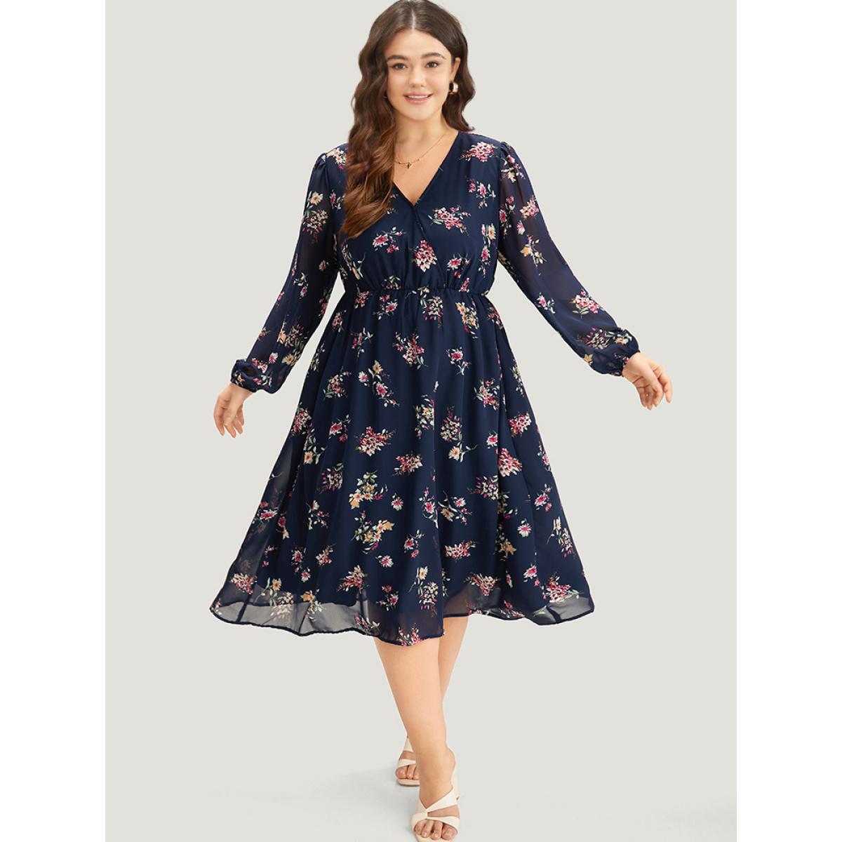 Plus Size Floral Print Surplice Neck Lantern Sleeve Mesh Dress DarkBlue Women Elegant Elastic cuffs V-neck Long Sleeve Curvy Midi Dress BloomChic 12/L Product Image