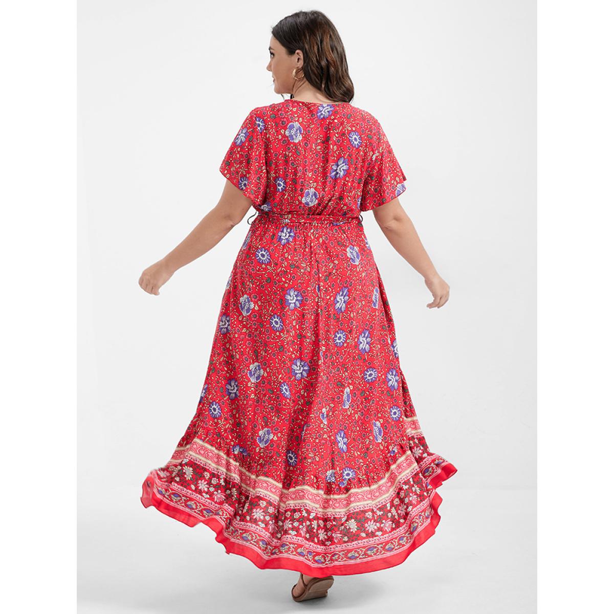 Boho Elegant Flutter Plus Size Women Midi Dress Vacation Bohemian Print Ties Bodycon Ruffle Sleeve Short Sleeve V Neck Belt Dailywear Long Dress BloomChic Product Image