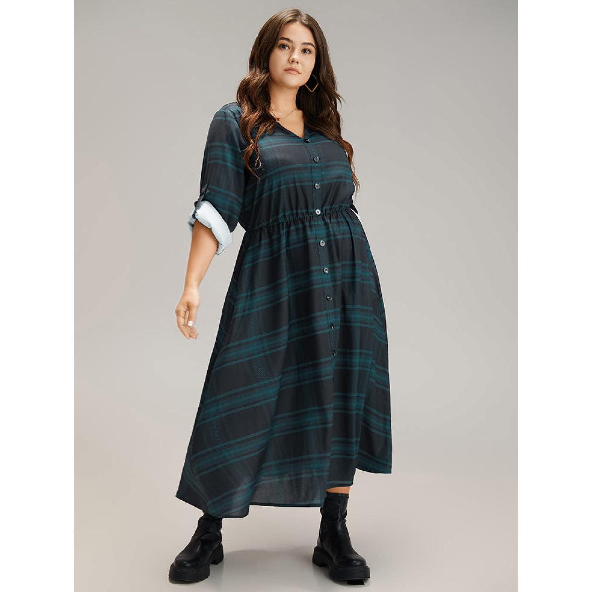 Plus Size Plaid Button Detail Notched Tab Sleeve Dress Indigo Women Casual Printed Notched collar Long Sleeve Curvy Midi Dress BloomChic 22-24/3X Product Image