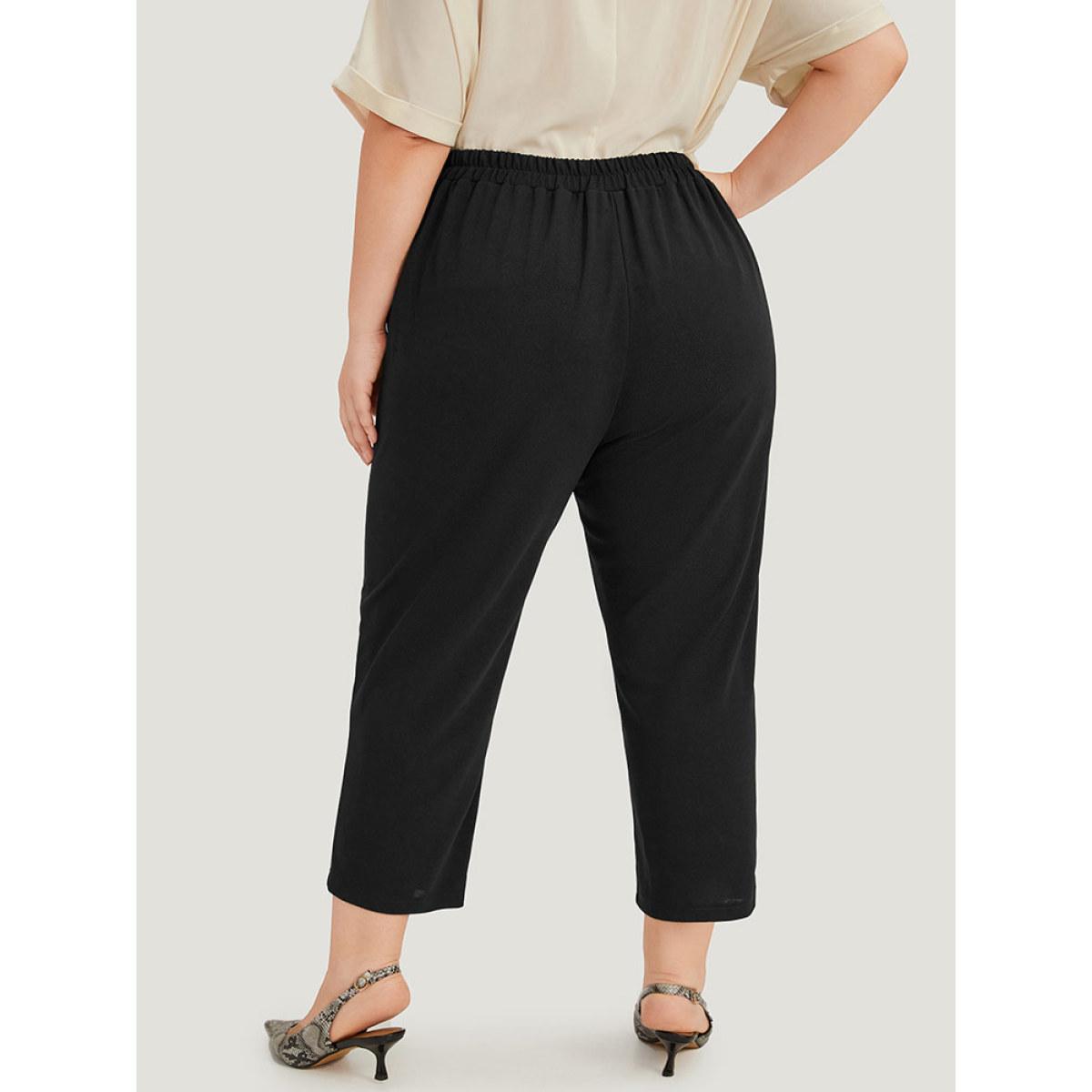 Plus Size Solid Elastic Waist Pocket Button Detail Pants Women Black Office High Rise Office Pants BloomChic 28/5X Product Image