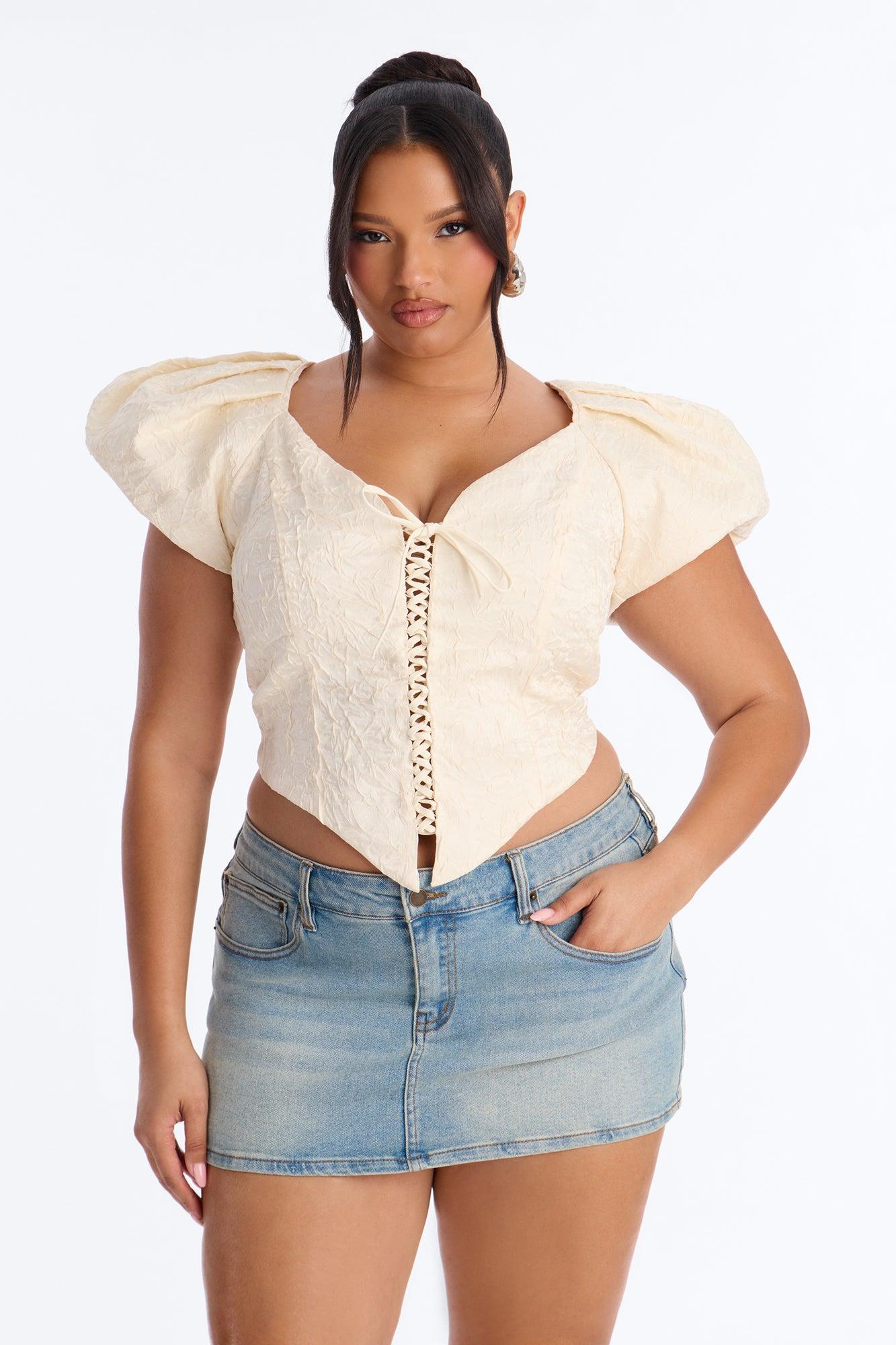 Royal Attitude Puff Sleeve Lace Up Top - Cream Female Product Image