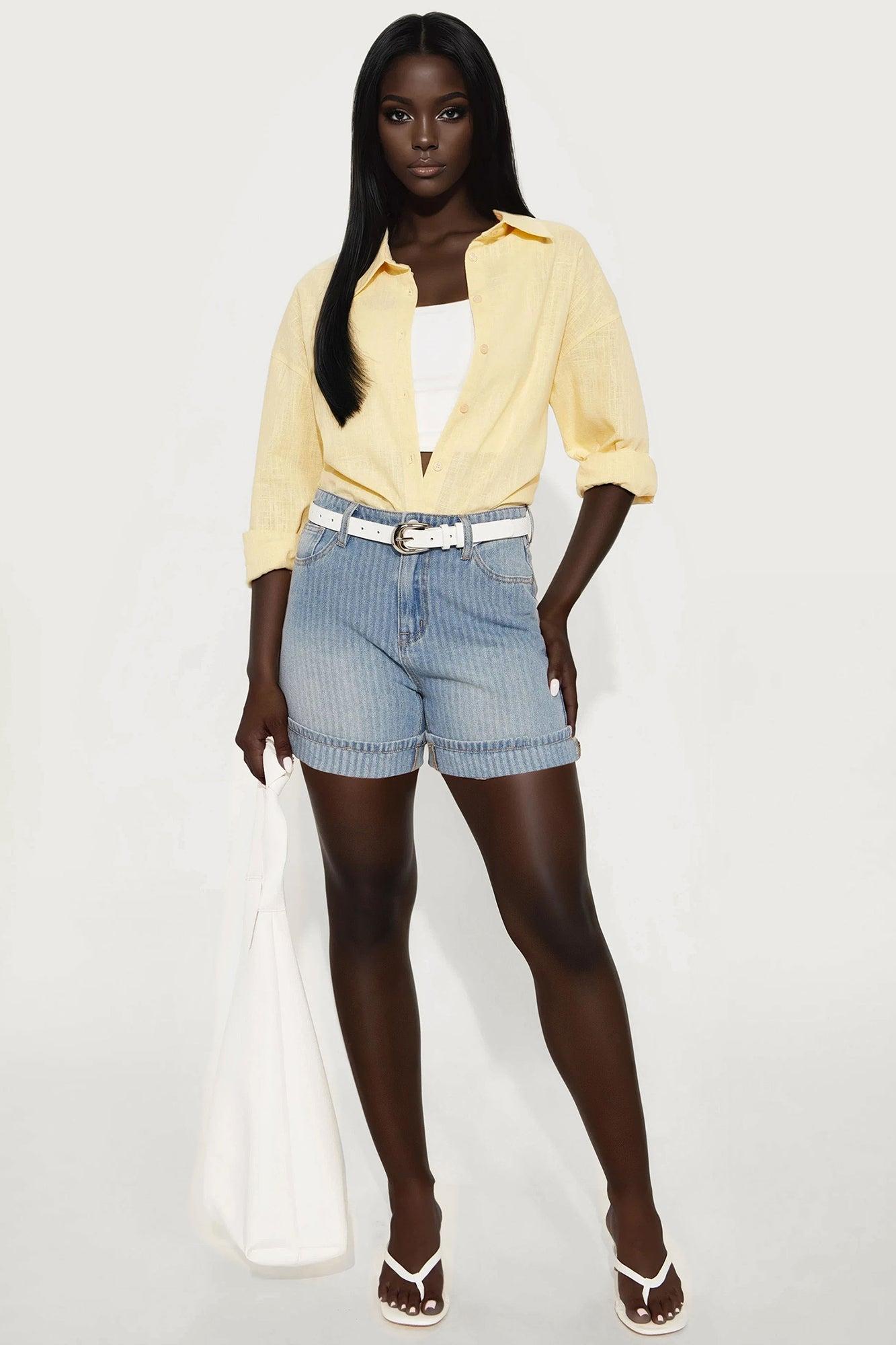 Catch Up Stripe Cuffed Denim Shorts - Vintage Wash Female Product Image