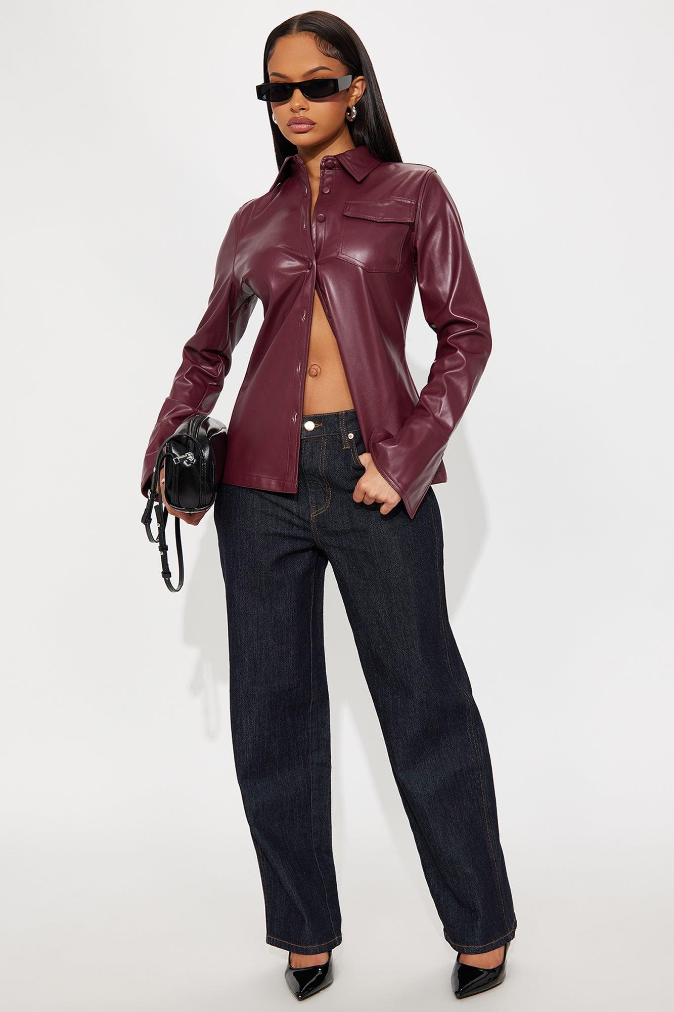 Show Time Faux Leather Shirt - Burgundy Female Product Image