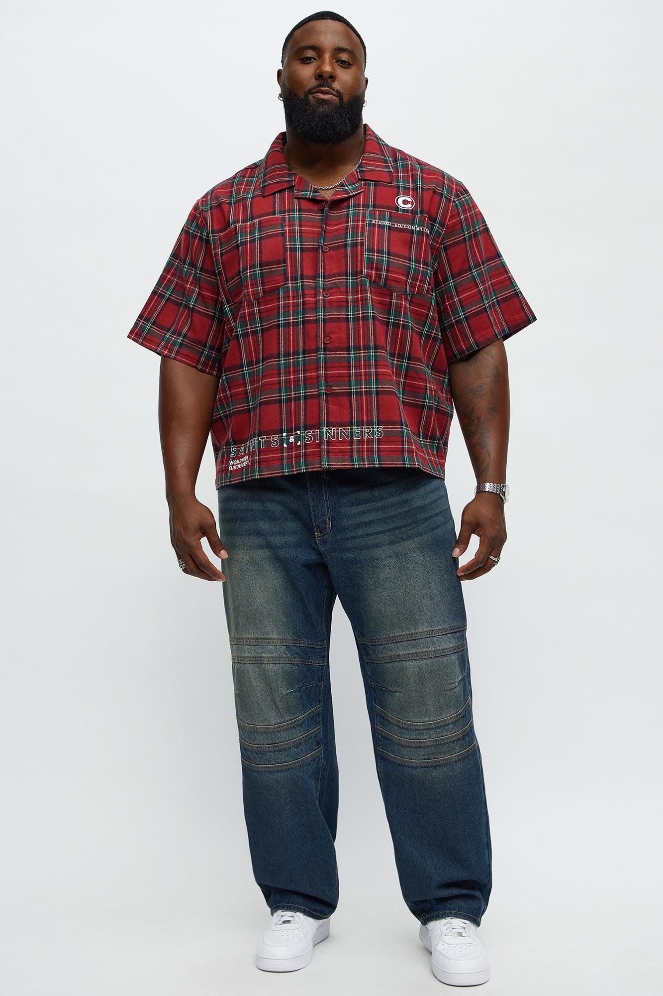 Culture Plaid Cropped Button Up Shirt - Red Male Product Image