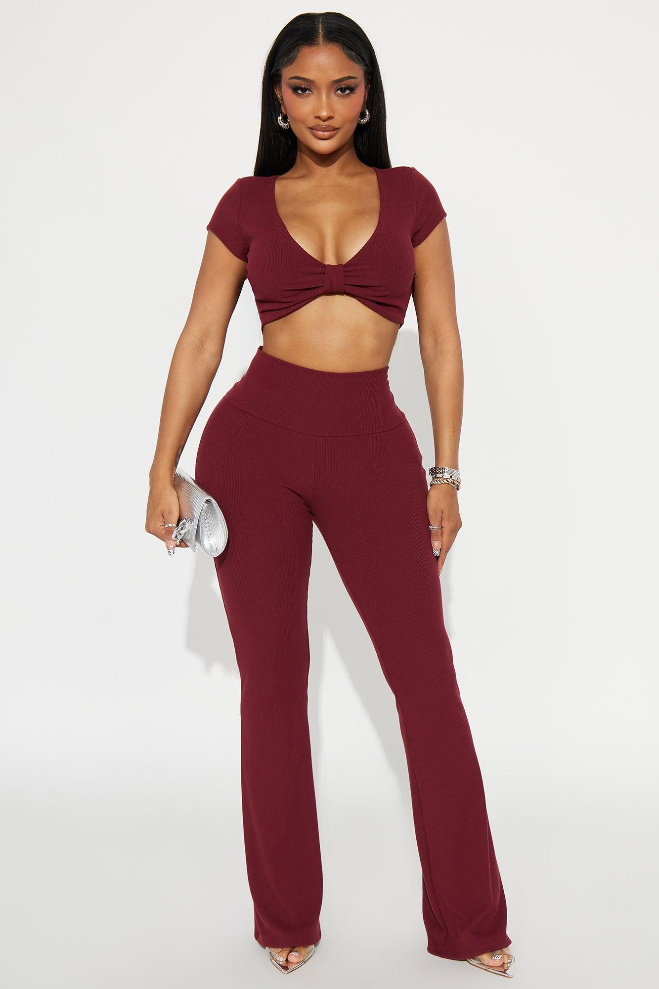 Pilates Princess Bow Flare Leg Pant Set - Burgundy Female Product Image