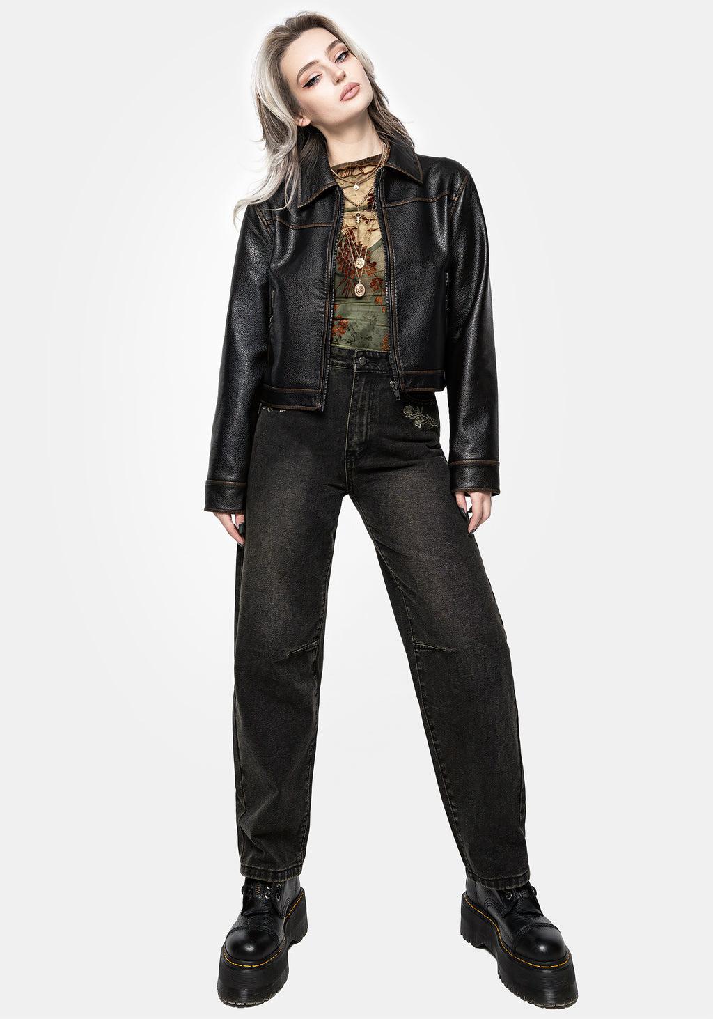 Veltha Floral Embroidered Denim Barrel Leg Jeans Product Image