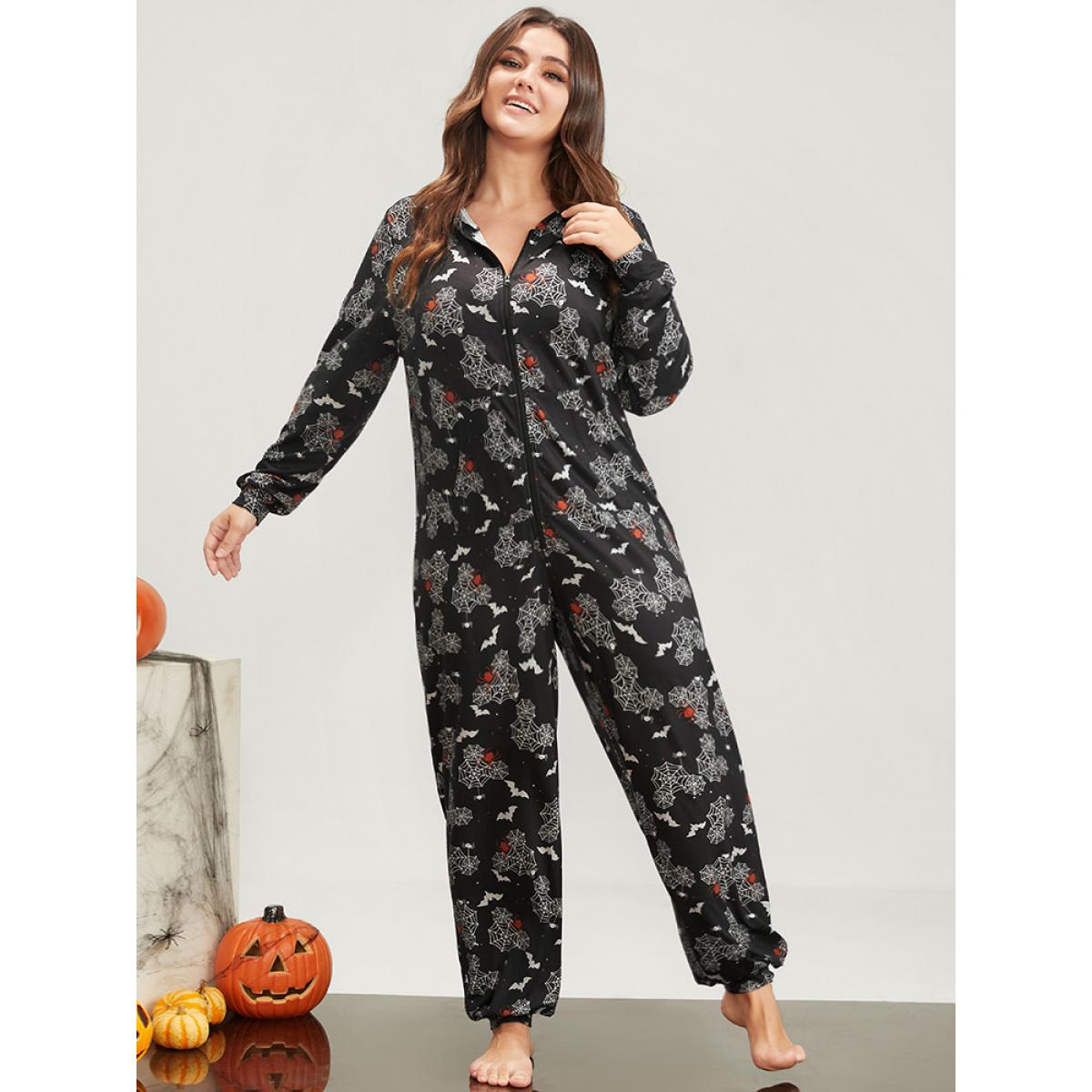 Plus Size Halloween Print Pocket Zip Up Jumpsuit Women Black Elegant Graphic-Halloween Zipper Hooded Pocket Loungewear BloomChic 14-16/1X Product Image