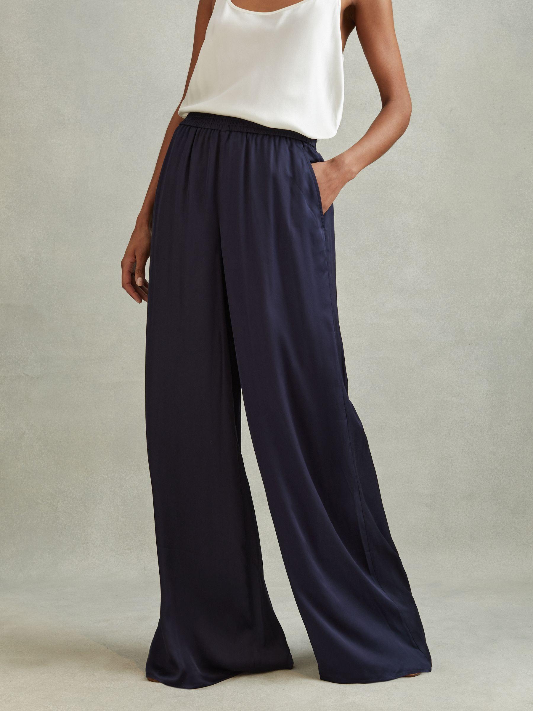 Satin Elasticated Waist Wide Leg Trousers in Navy Product Image