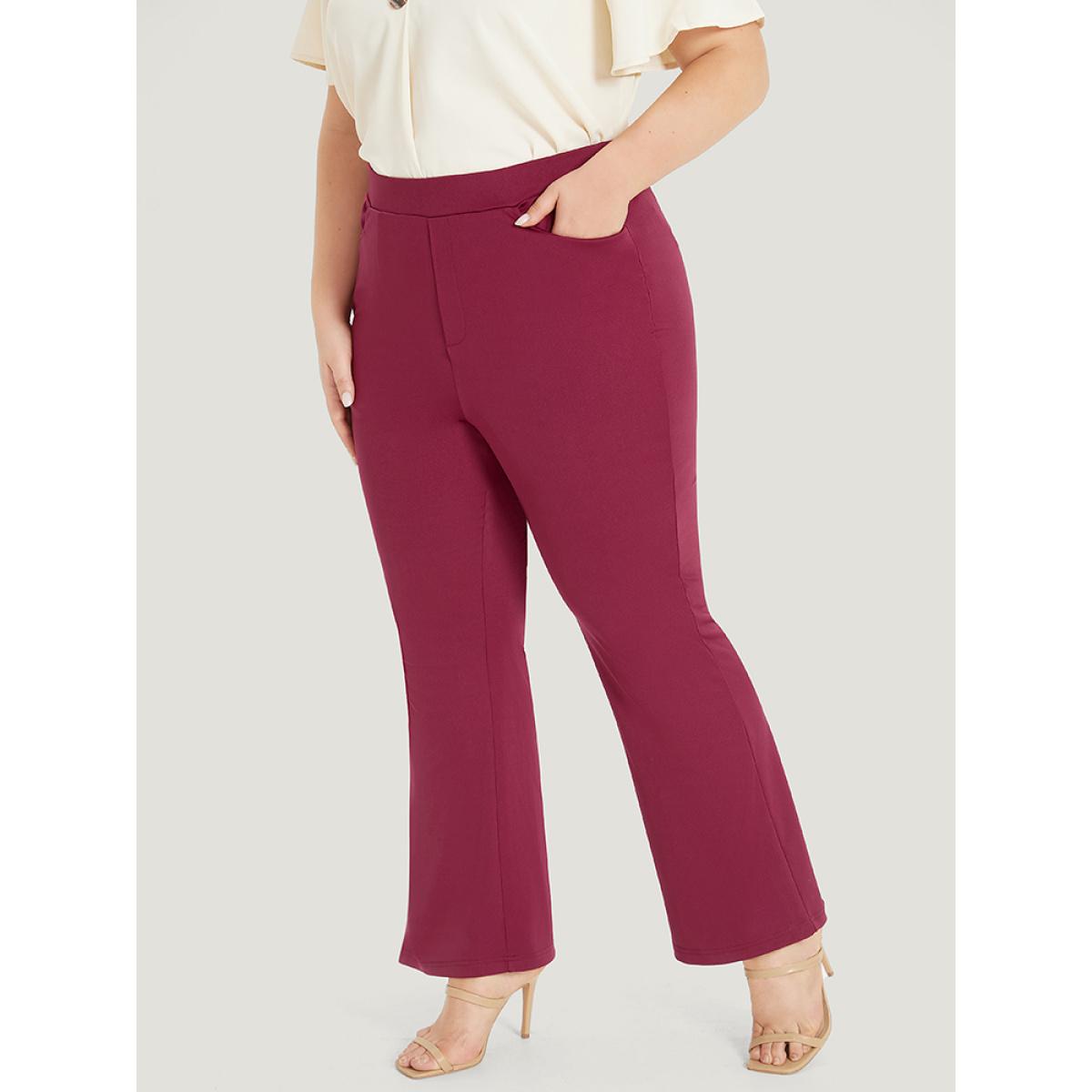 Plus Size Plain Slant Pocket Elastic Waist High Rise Bootcut Pants Women Burgundy Office Bodycon High Rise Work Pants BloomChic 12/L Product Image