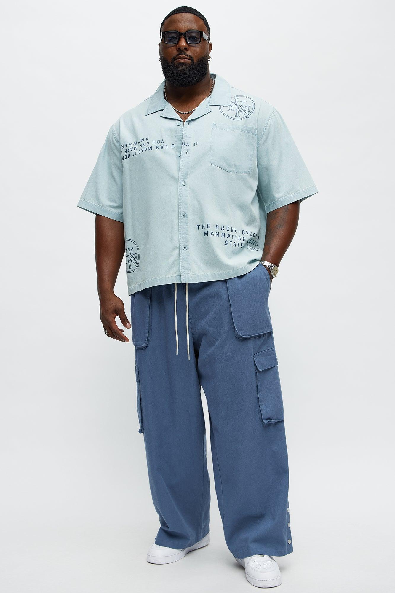 Denim Cuban Collar Button Up Shirt - Light Blue Wash Male Product Image