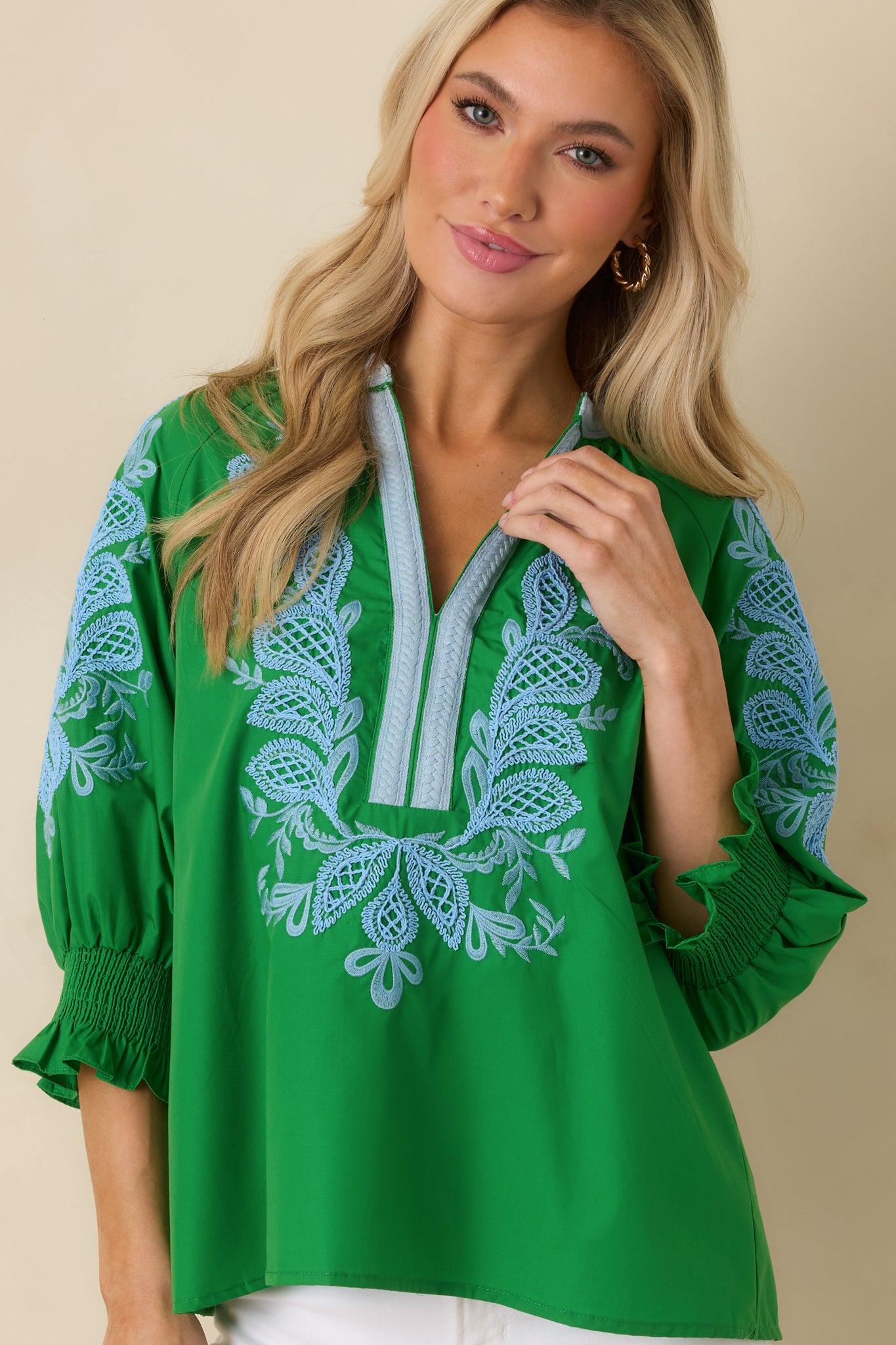 Simple Joys Green Embroidered V-Neck Puff Sleeve Top Product Image