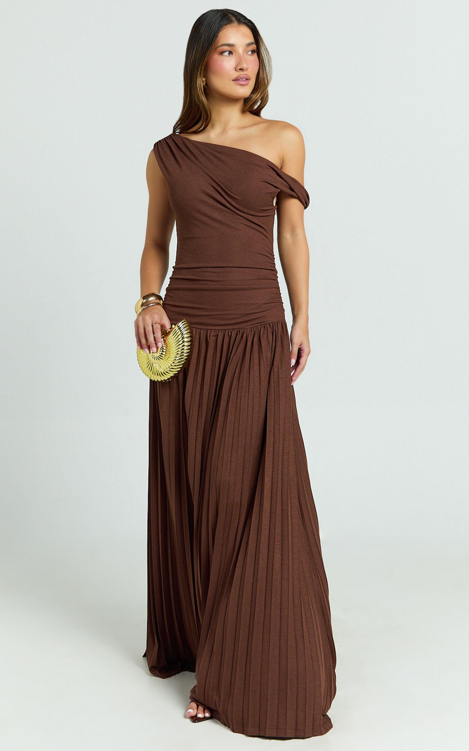 Yvonne Maxi Dress - Jersey Tip Shoulder Ruched Dress in Chocolate Product Image