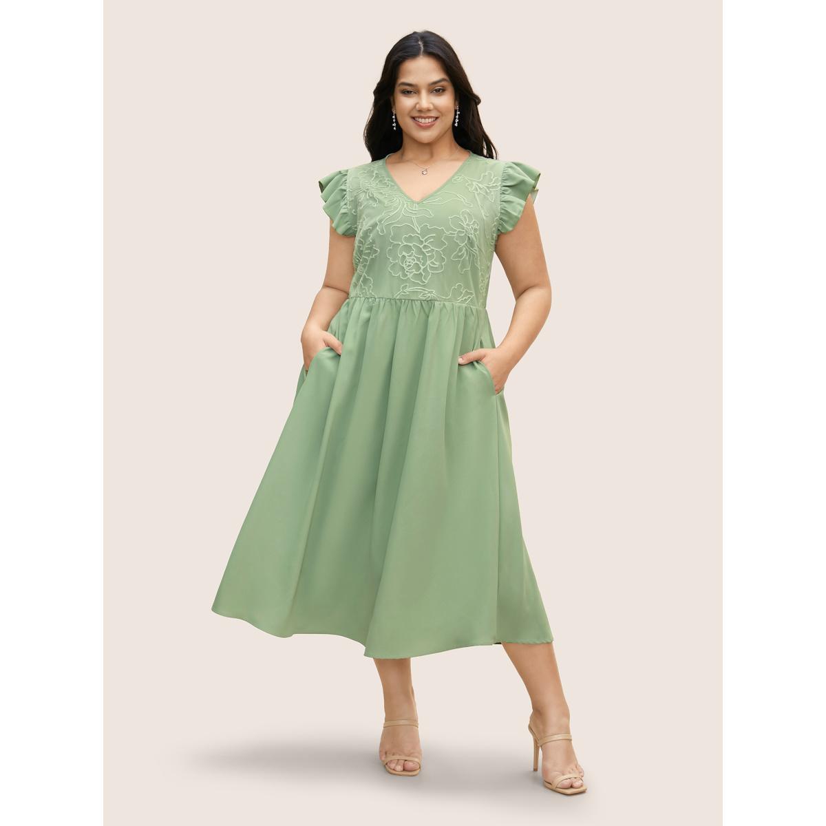 Plus Size Synthetic Texture Ruffle Cap Sleeve Dress Palemauve Women Elegant Texture V-neck Cap Sleeve Curvy BloomChic 28/5X Product Image