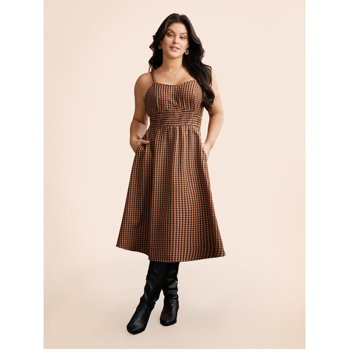 Plus Size Cami Pumpkin Color Grid Waist Midi Dress Brightorange Women Cocktail Shirred Party Curvy Bloomchic 18-20/2X Product Image