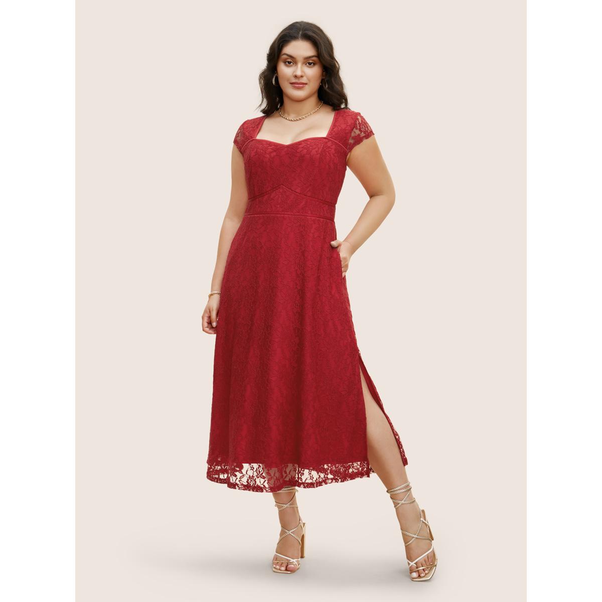 Plus Size Lace Panel Heart Neckline Split Side Dress Burgundy Women Cocktail Heart neckline Cap Sleeve Curvy BloomChic 30/6X Product Image