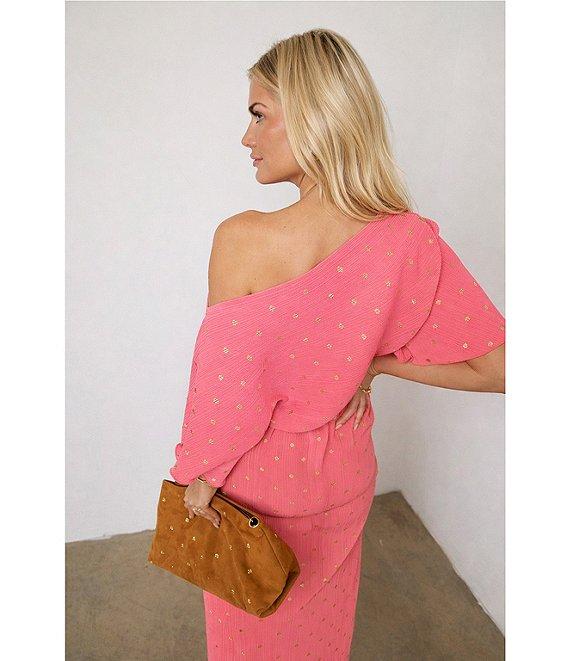 Never Fully Dressed Tilly Plisse Silver Fleck Print One Shoulder Neck Short Sleeve Midi Dress Product Image