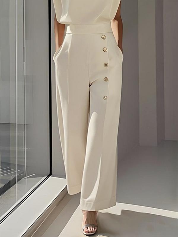 Cap Sleeve Loose Buttoned Solid Color Round-Neck Jumpsuits Product Image