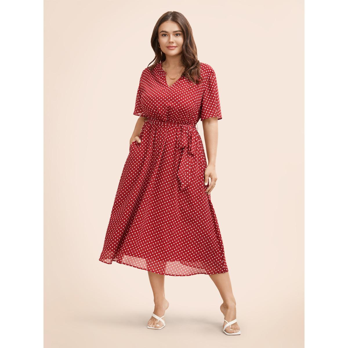 Plus Size Chiffon Polka Dot Ruffle Sleeve Dress Burgundy Women Elegant See through Flat collar Short sleeve Curvy BloomChic 28/5X Product Image