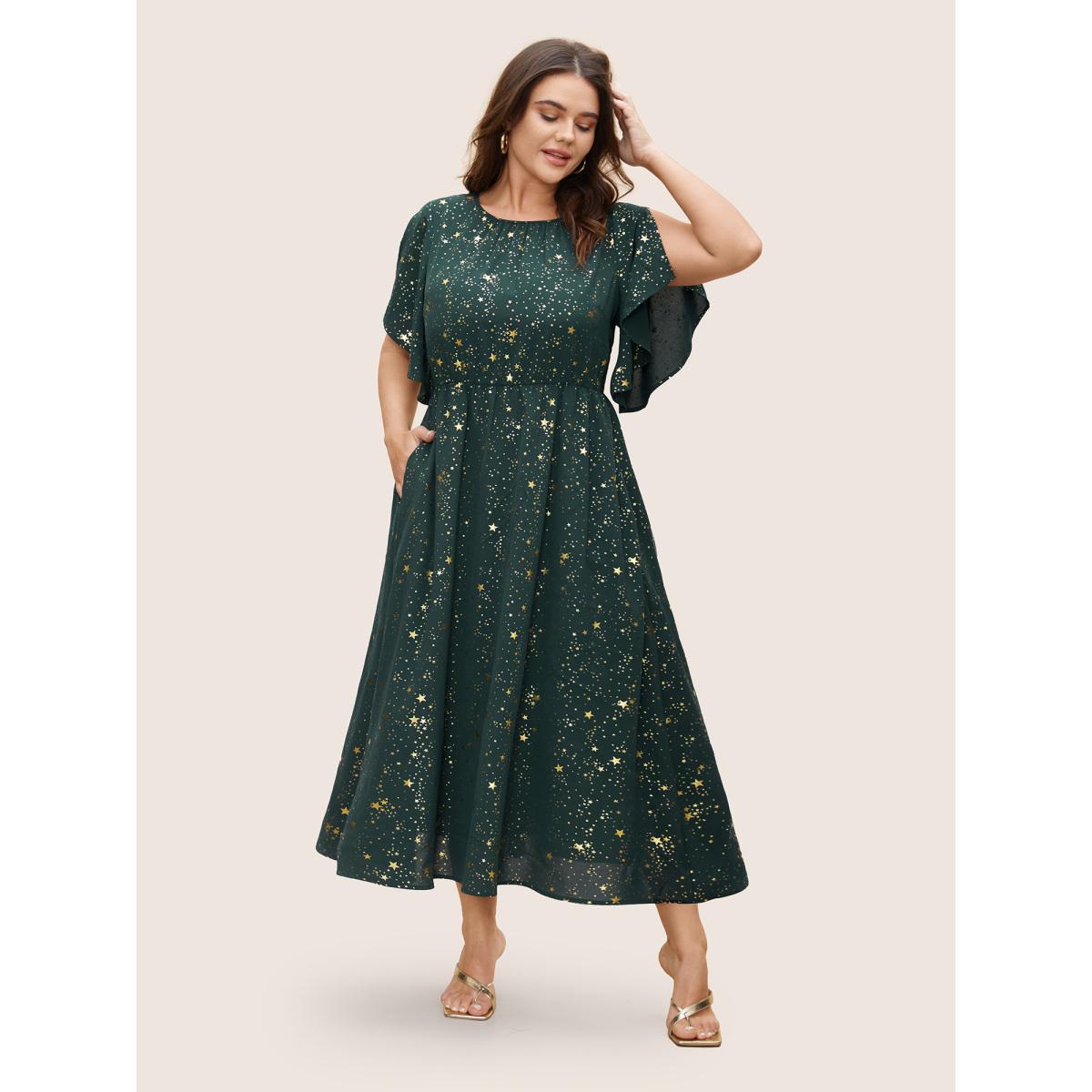 Plus Size Glitter Star Split Sleeve Midi Dress Cyan Women Elegant Gathered Round Neck Short sleeve Curvy BloomChic 22-24/3X Product Image