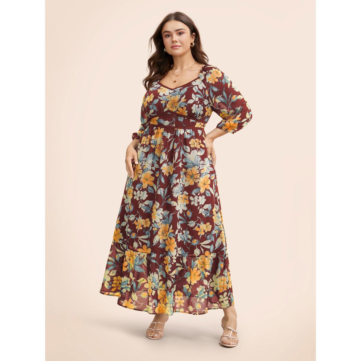 Plus Size Floral Heart Neckline Woven Ribbon Gathered Dress Burgundy Women Timeless Woven ribbon&lace trim Heart neckline Elbow-length sleeve Curvy BloomChic 26/4X Product Image