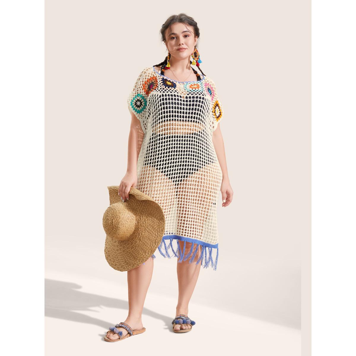 Plus Size Contrast Crochet Cut Out Slit Hem Swim Cover Up Women's Swimwear Ivory Beach Loose Crochet Curve Swim Cover Ups BloomChic 12/L Product Image